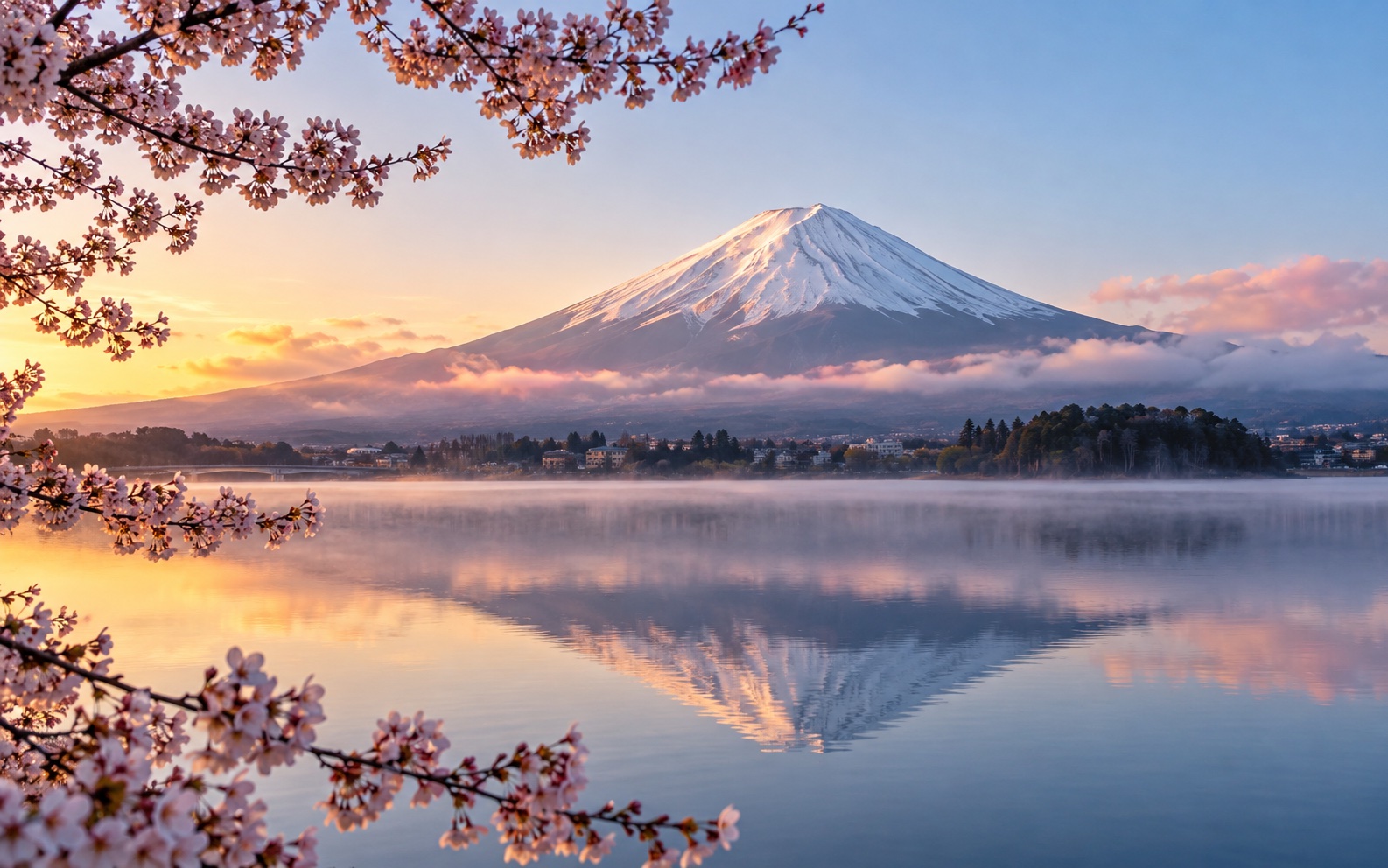 富士山下的湖畔晨光